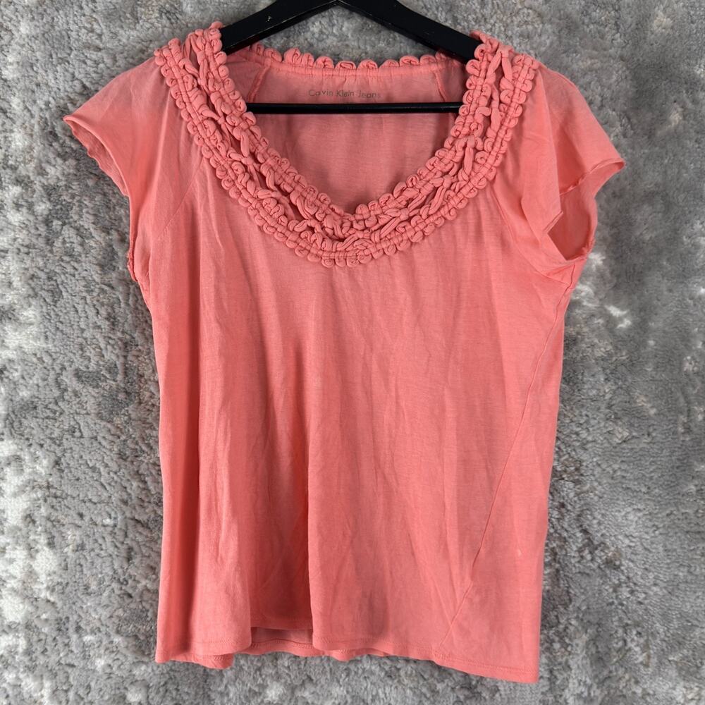 Calvin Klein Jeans Size XS Casual Braided Knotted V Neck Boho Artisanal Top Pink